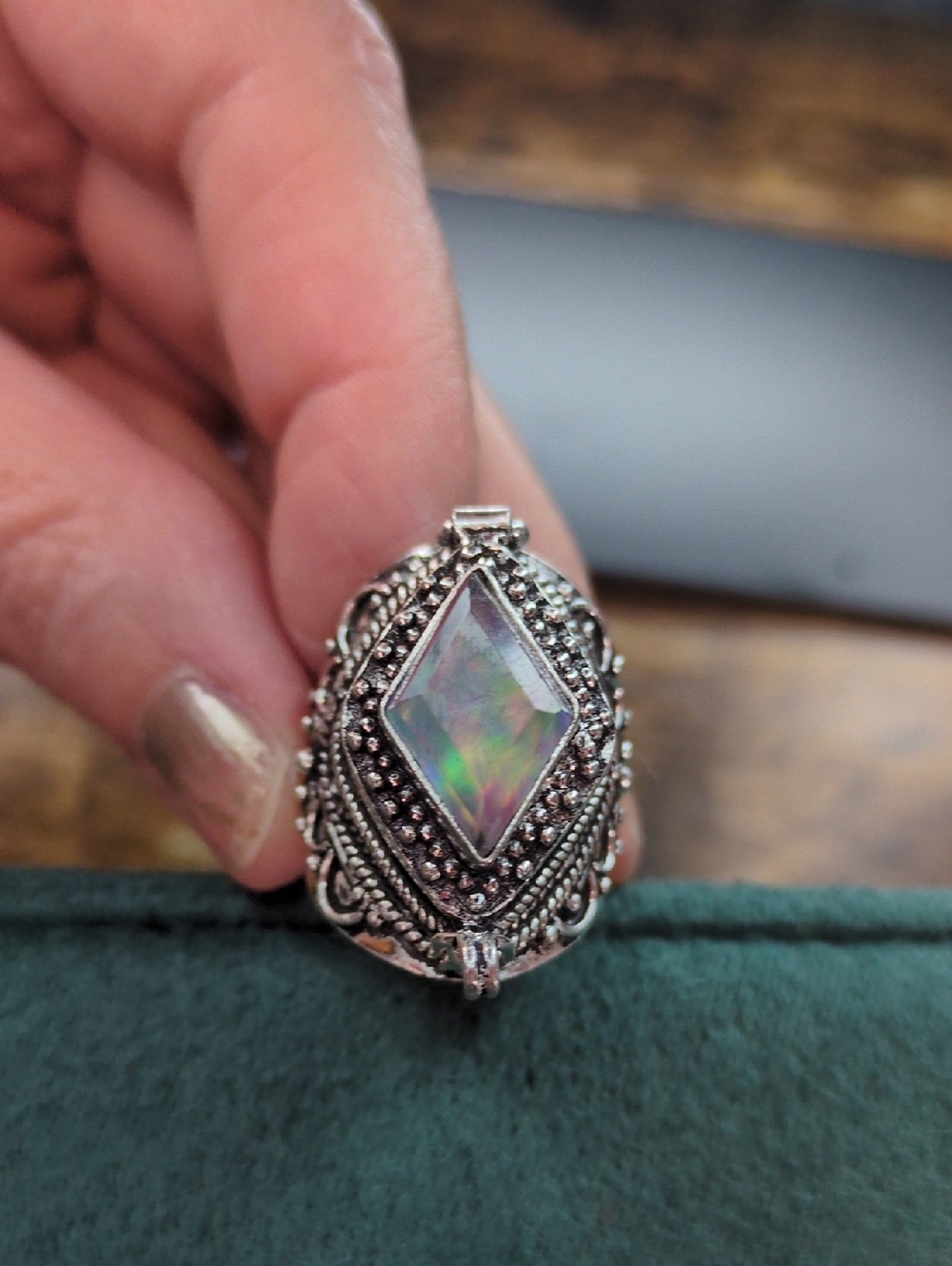 Silver Poison Ring with Iridescent Opal